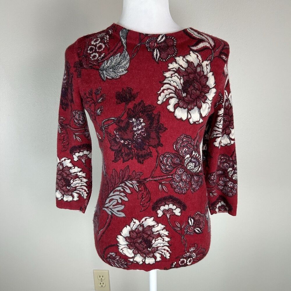 Talbots S Petite Pure Cashmere Red Floral Knit Crew Neck Pullover